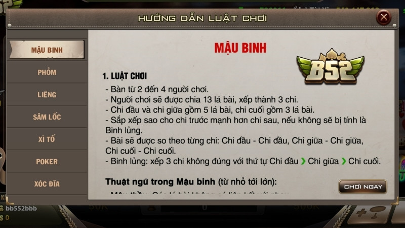 Hướng dẫn cách đánh Mậu Binh B52 CLUB cho tân binh